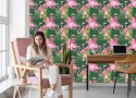 Tapeta Do Salonu Flamingi, Ptaki, Kwiaty, Zieleń