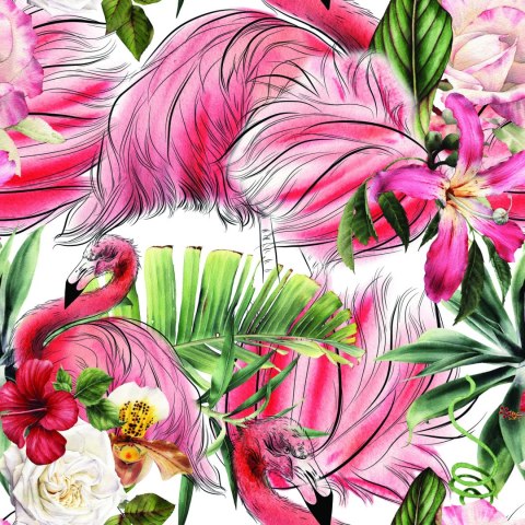 Tapeta Do Salonu, Flamingi, Róże, Kwiaty, Liście