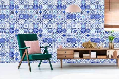 Tapeta Retro - Niebiesko - Biała Mozaika
