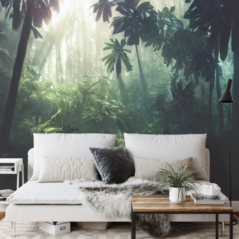 Fototapeta Dark Rainforest, Sun Rays Through The Trees, Rich Jungle Greenery. Atmospheric Fantasy Forest. 3D .