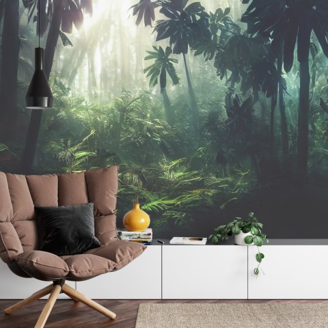 Fototapeta Dark Rainforest, Sun Rays Through The Trees, Rich Jungle Greenery. Atmospheric Fantasy Forest. 3D .
