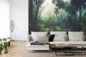 Fototapeta Dark Rainforest, Sun Rays Through The Trees, Rich Jungle Greenery. Atmospheric Fantasy Forest. 3D .
