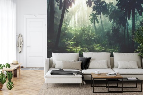 Fototapeta Dark Rainforest, Sun Rays Through The Trees, Rich Jungle Greenery. Atmospheric Fantasy Forest. 3D .