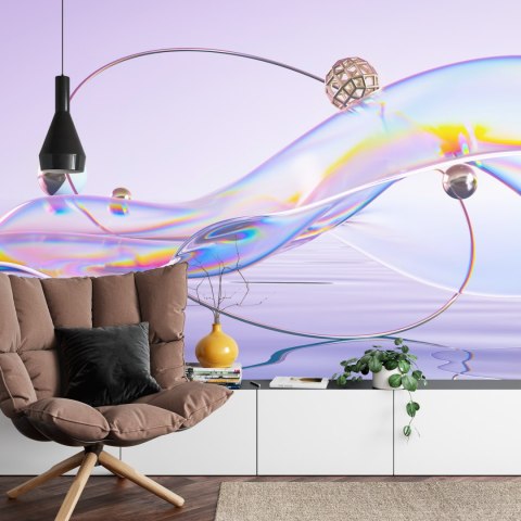 Fototapeta Abstract 3D Render. Glass Ribbon On Water With Geometric Circle And Spheres. Holographic Shape In Motion. Iridescent 