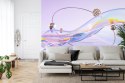 Fototapeta Abstract 3D Render. Glass Ribbon On Water With Geometric Circle And Spheres. Holographic Shape In Motion. Iridescent 