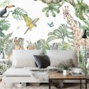 Fototapeta Children's Wallpaper, Watercolor Jungle And Animals. Lions, Giraffe, Elephant, Parrots, Zebra, Lemur