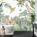 Fototapeta Children's Wallpaper, Watercolor Jungle And Animals. Lions, Giraffe, Elephant, Parrots, Zebra, Lemur