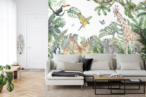 Fototapeta Children's Wallpaper, Watercolor Jungle And Animals. Lions, Giraffe, Elephant, Parrots, Zebra, Lemur