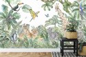 Fototapeta Children's Wallpaper, Watercolor Jungle And Animals. Lions, Giraffe, Elephant, Parrots, Zebra, Lemur