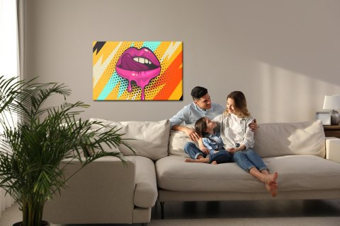 Obraz Na Płótnie Różowe Usta Na Kolorowym Tle W Stylu Retro Pop-Art