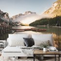 Fototapeta Boats On The Braies Lake, Pragser Wildsee In Dolomites Mountains, Sudtirol, Italy Dolomite.