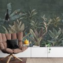 Fototapeta Wallpaper Palm Tropical Forest Vintage Jungle Pattern With Birds Dark Mood