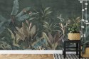 Fototapeta Wallpaper Palm Tropical Forest Vintage Jungle Pattern With Birds Dark Mood