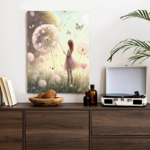 Plakat Dziewczynka Na Łące Wśród Różowych Dmuchawców