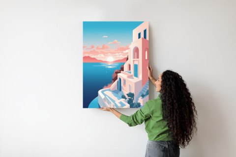 Plakat Ilustracja Z Zachodem Słońca Na Santorini