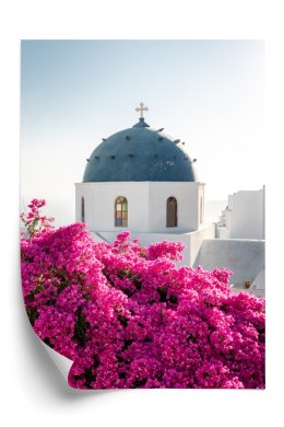 Plakat Typowa Architektura Santorini I Kwitnąca Bugenwilla