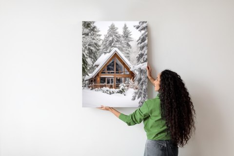 Plakat Skandynawski Domek Pokryty Śniegiem W Zimowym Lesie
