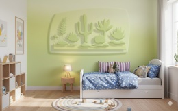 Bajkowa fototapeta 3D do pokoju dziecka przedstawiająca pustynną prerię z łagodnymi kaktusami w pastelowej zieleni.