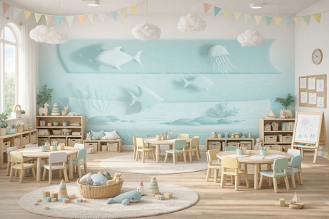 Fototapeta 3D dla dzieci Podmorski Świat, Miękkie Rybki Pastelowe, Mural do Przedszkola i Pokoju Dziecka, Personalizowana
