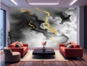 Fototapeta Czarno-Biały Dym ze Złotem, Mural Abstrakcja Gold Vein, Elegancki Nowoczesny Dym