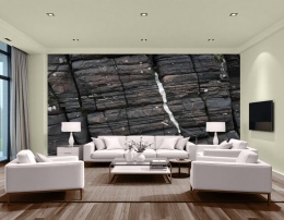 fototapeta do salonu pionowy kamieniołom, luksusowy mural skalny w holu, wysoka ściana z teksturą kamienia, nowoczesne wejście do domu antracytowa tapeta, architektoniczna
